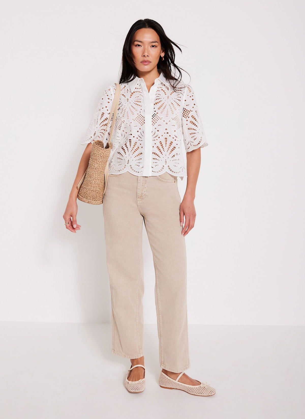 White Broderie Cropped Shirt