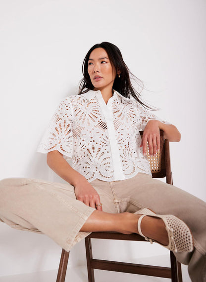 White Broderie Cropped Shirt