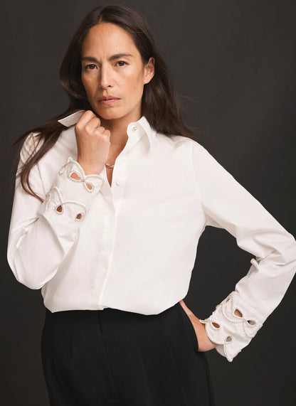 White Cotton Embellished Cuff Shirt