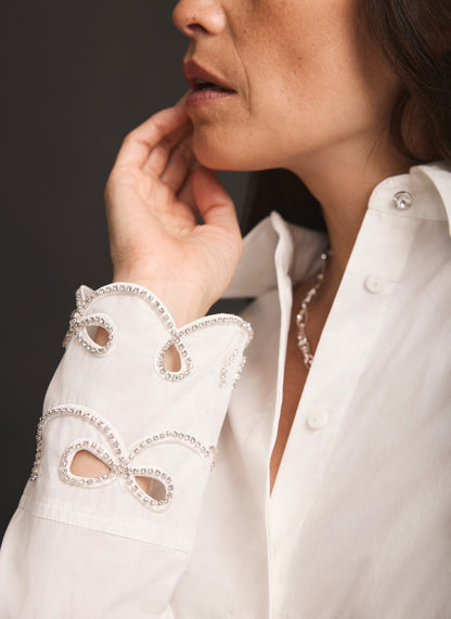 White Cotton Embellished Cuff Shirt