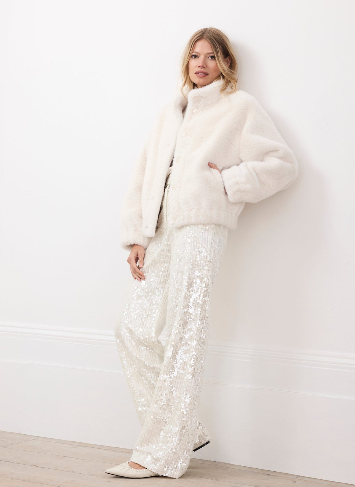 White Faux Fur Bomber Jacket