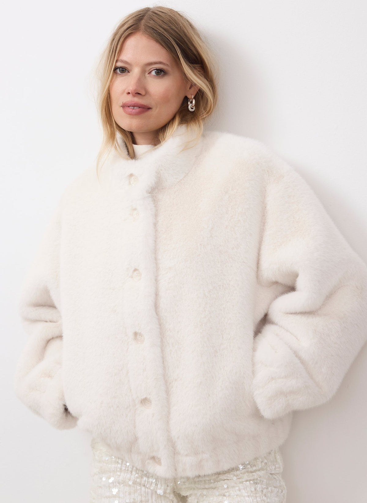 White Faux Fur Bomber Jacket