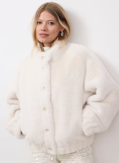 White Faux Fur Bomber Jacket