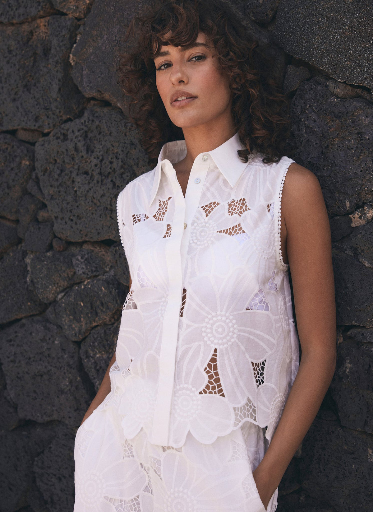 White Floral Lace Cotton Shirt