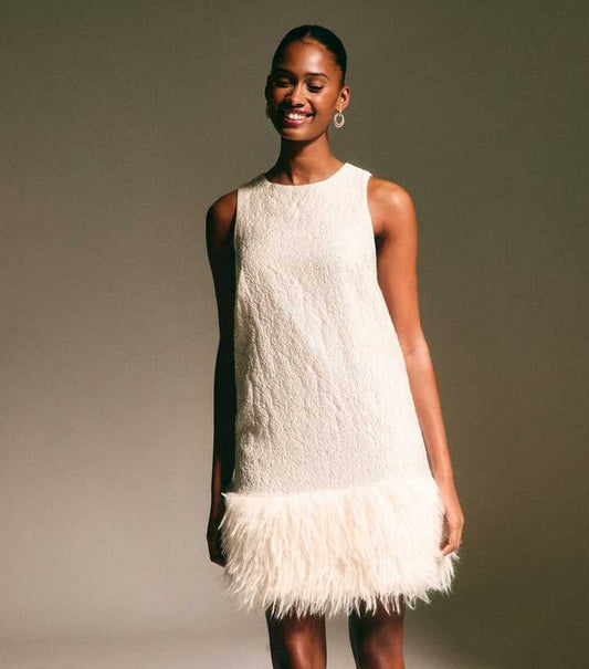 White Jacquard Feather Trim Mini Dress