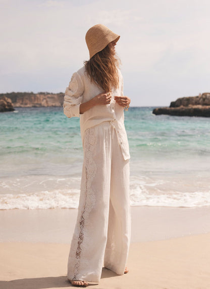 White Linen Lace Trim Wide Trousers