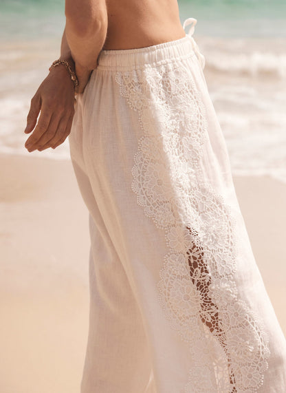White Linen Lace Trim Wide Trousers