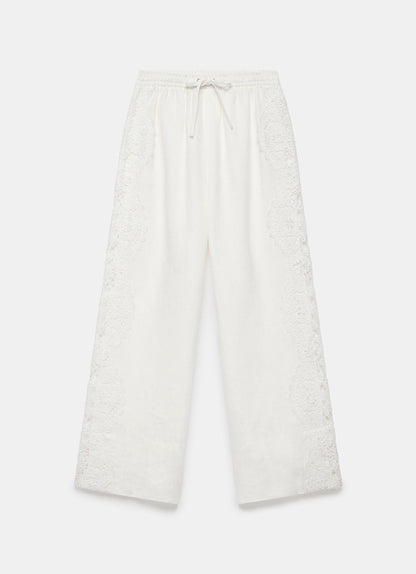 White Linen Lace Trim Wide Trousers