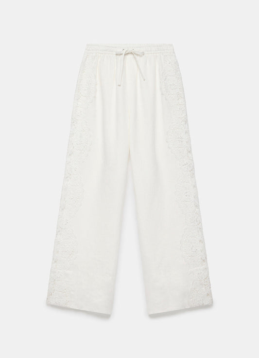 White Linen Lace Trim Wide Trousers