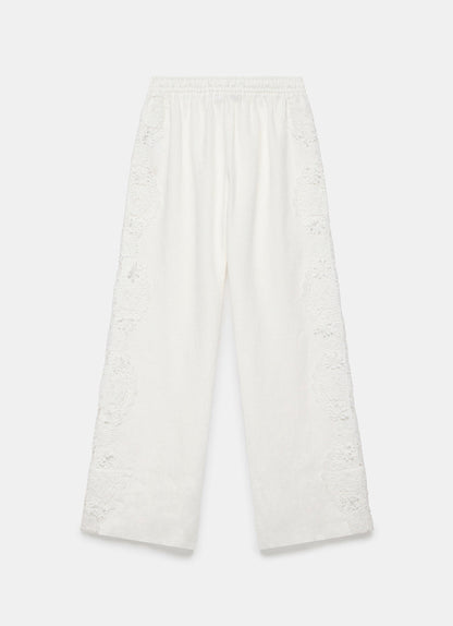 White Linen Lace Trim Wide Trousers