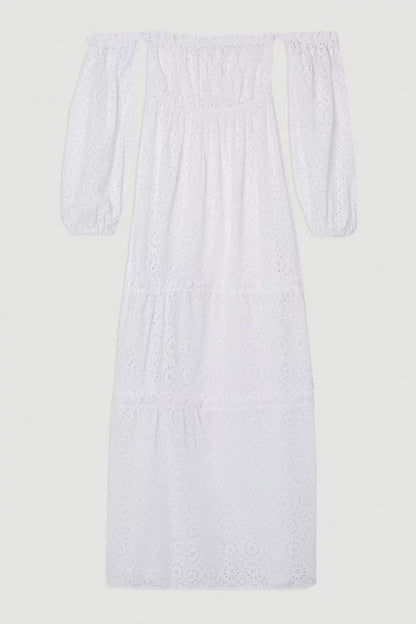 Off Shoulder Broderie Maxi Beach Woven Dress