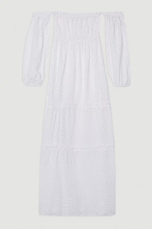 Off Shoulder Broderie Maxi Beach Woven Dress