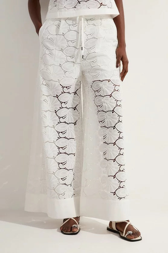 Tall Cotton Cutwork Panelled Woven Wide Leg Trouser