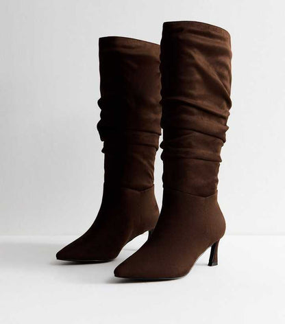 Wide Fit Brown Faux Suede Ruched Knee High Boots