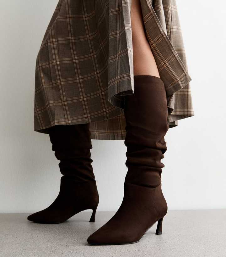 Wide Fit Brown Faux Suede Ruched Knee High Boots