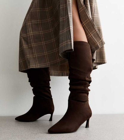 Wide Fit Brown Faux Suede Ruched Knee High Boots