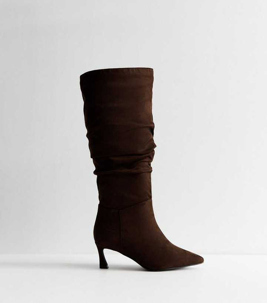 Wide Fit Brown Faux Suede Ruched Knee High Boots