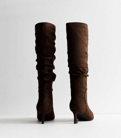 Wide Fit Brown Faux Suede Ruched Knee High Boots