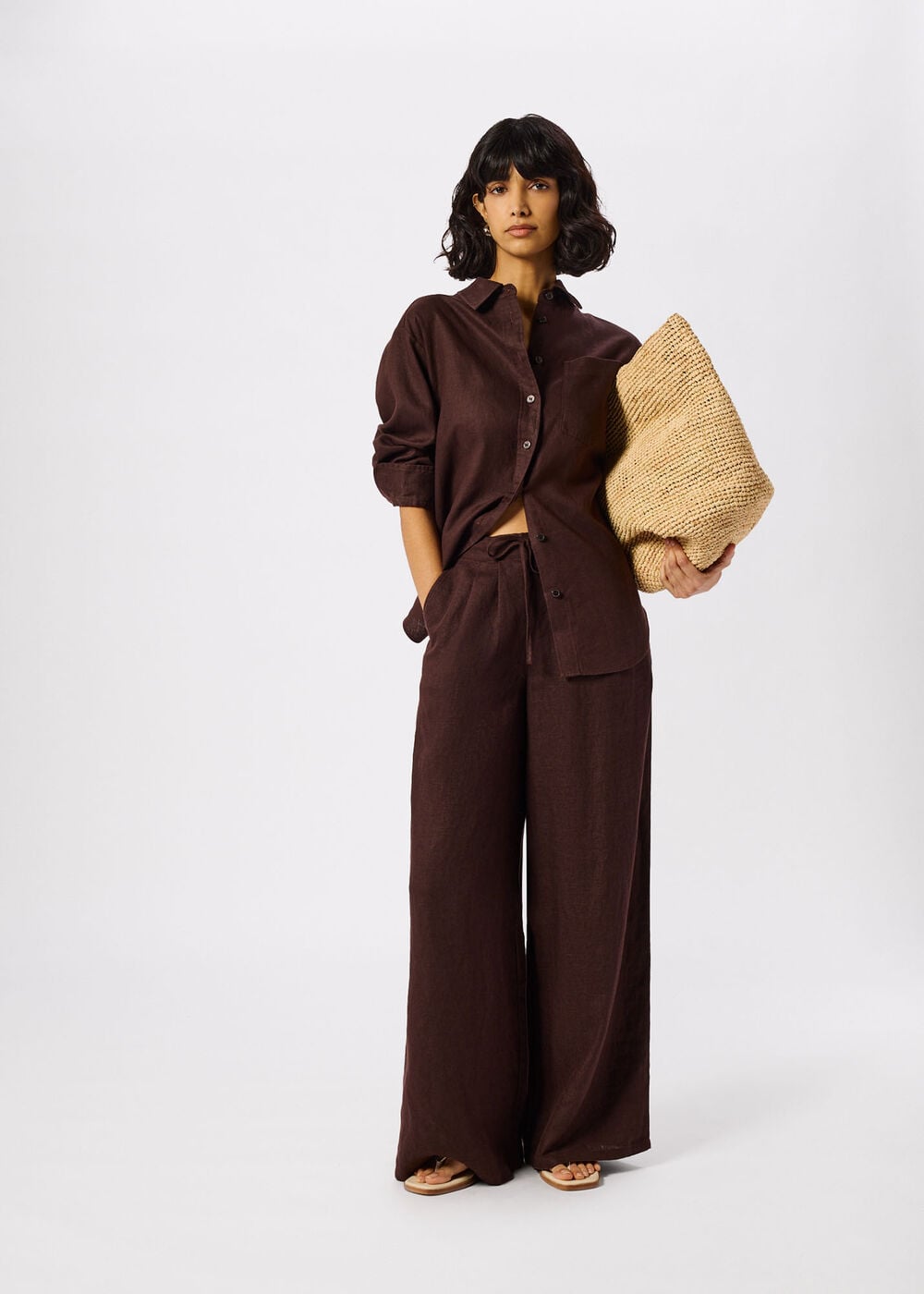 Brown Wide Leg Linen Trousers