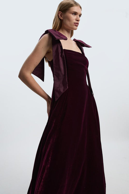 Velvet Bardot Woven Prom Midaxi Dress With Taffeta Bow