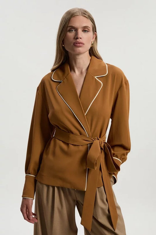 Contrast Tipping Tie Waist Woven Trench Jacket