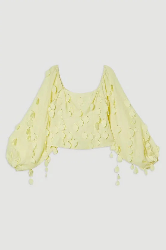 Applique Balloon Sleeve Woven Top