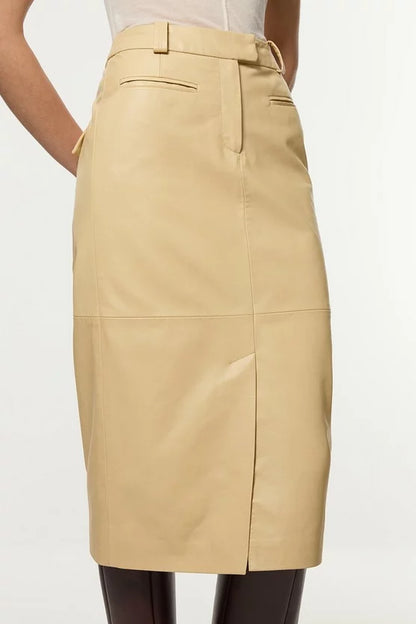 Leather Tailored Pencil Midi Skirt