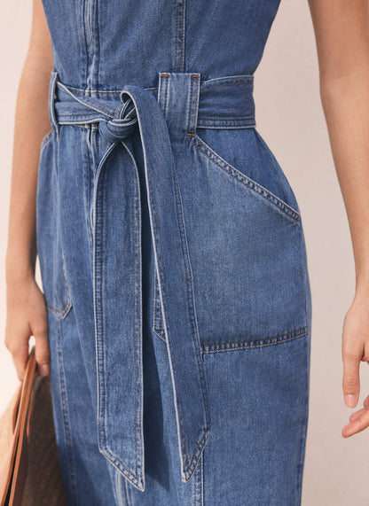 Indigo Denim Belted Midi Dress