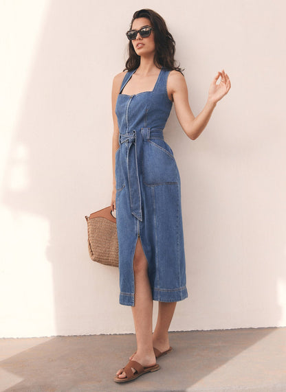 Indigo Denim Belted Midi Dress