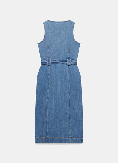Indigo Denim Belted Midi Dress