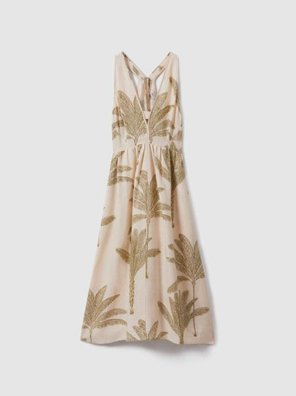 Linen tropical print midi dress