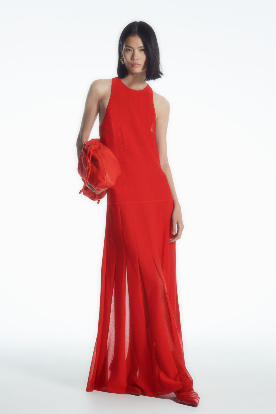 Pleated racer-neck maxi dress