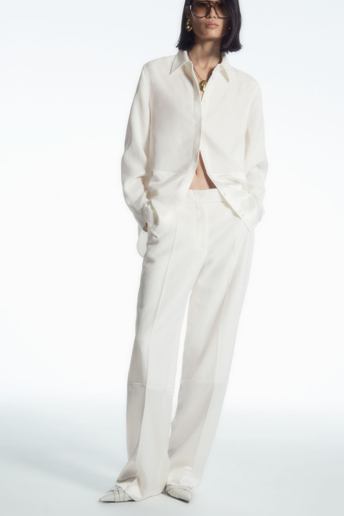 Satin panelled wide-leg trousers