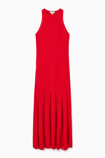 Pleated racer-neck maxi dress