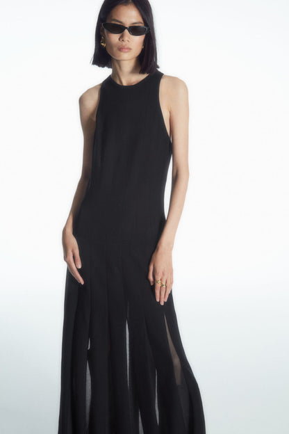 Pleated racer-neck maxi dress