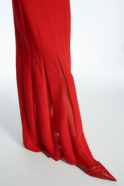 Pleated racer-neck maxi dress