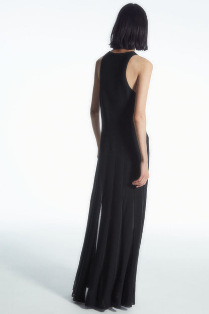 Pleated racer-neck maxi dress