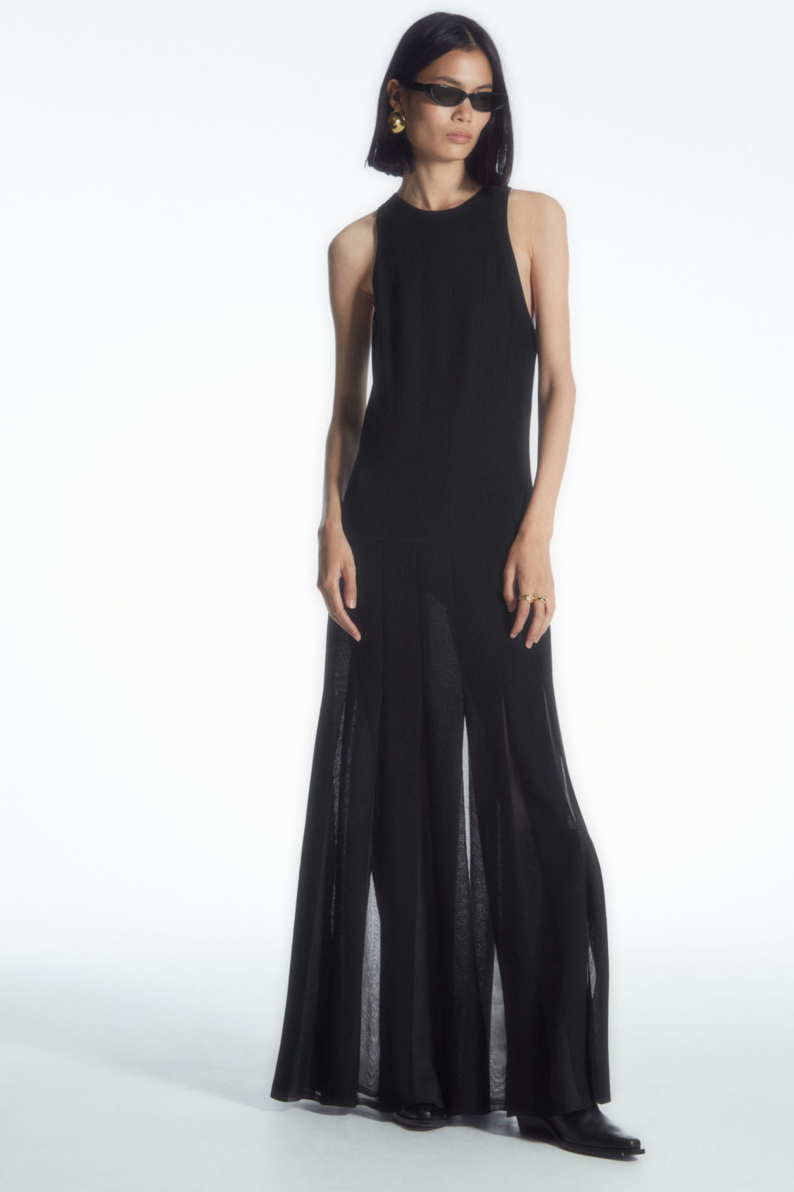 Pleated racer-neck maxi dress